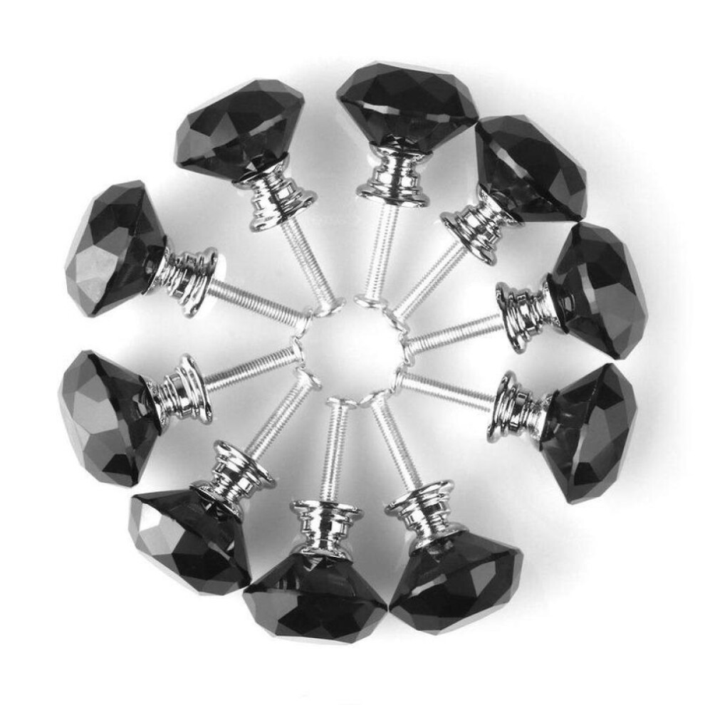 (black, 6pcs) Black Diamond Shape Crystal Glass 30mm Kitchen Cabinet Door Drawer Knob Cupboard Dresser Wardrobe Pull Handle With Screws