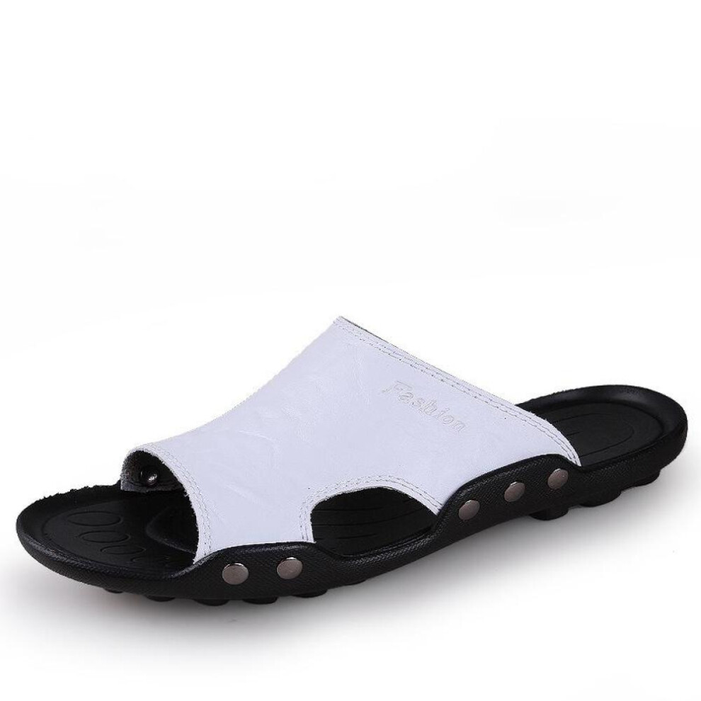 (white, 42) Men Sandals Genuine Leather Summer Non-slip Men&apos;s Shoe Outdoor Breathable Beach Shoes Men Flip Flops