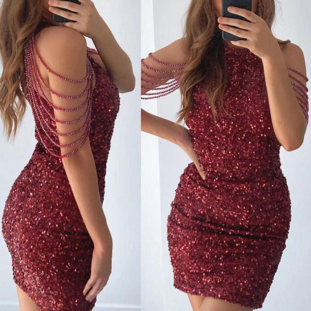 (wine red, L) Sleeveless Tassel Shoulder Waist Tight Hip Wrap Gown Dress Women Sequin Decor Mini Halter Pencil Dress For Cocktail Party