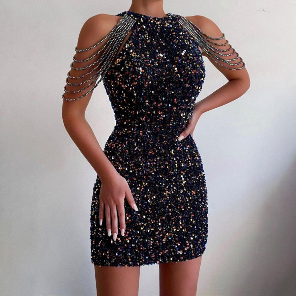 (black, L) Sleeveless Tassel Shoulder Waist Tight Hip Wrap Gown Dress Women Sequin Decor Mini Halter Pencil Dress For Cocktail Party