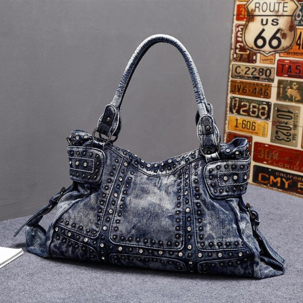 (blue) Denim Bag, Canvas Rivet, Single Shoulder Crossbody Bag, Casual Women&apos;s Bag, Handbag, Tote Bag