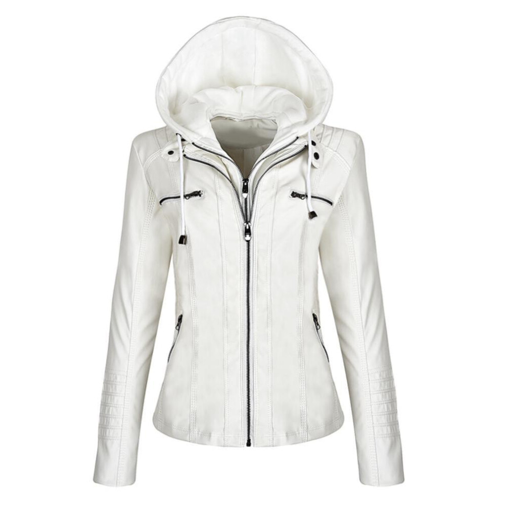 (white, M) All Season Women's Fashion Bomber Zipper Leather Jacket Hooded Faux Coats Winter Warm Solid Outwear