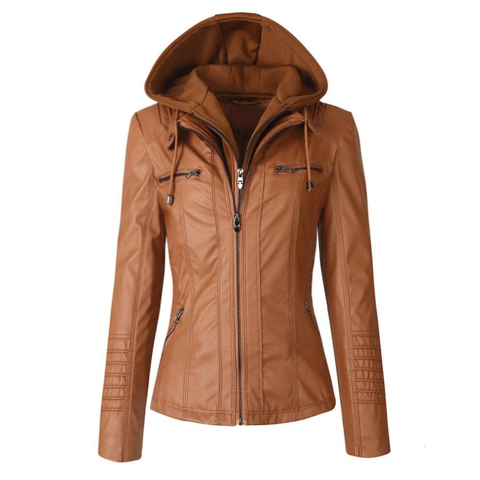 (brown, L) All Season Women&apos;s Fashion Bomber Zipper Leather Jacket Hooded Faux Coats Winter Warm Solid Outwear