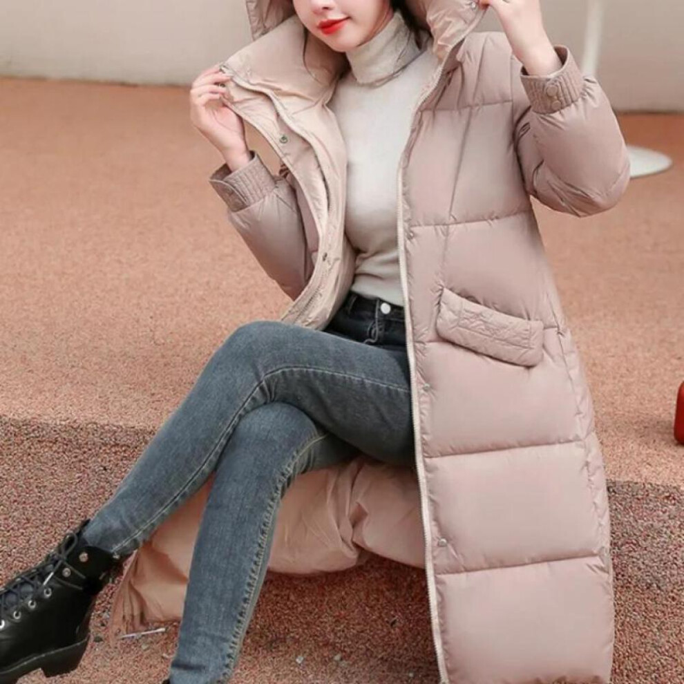 (pink, XXL) Korean Fashion Stand Collar Hooded Warm Hem Knee-length Puffer Jacket Women Winter Cotton-padded Oversized Parkas Casual Jackets