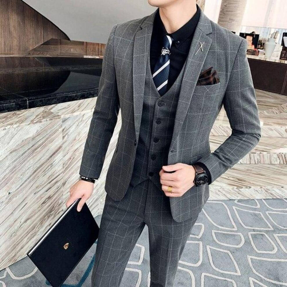 (gray, Asia XL 64-69kg) Men Business Two Pieces Suits /male Slim Fit Beige Groom&apos;s Wedding Dress Tuxedo Jackets Leisure (blazers +trousers )6xl 7xl