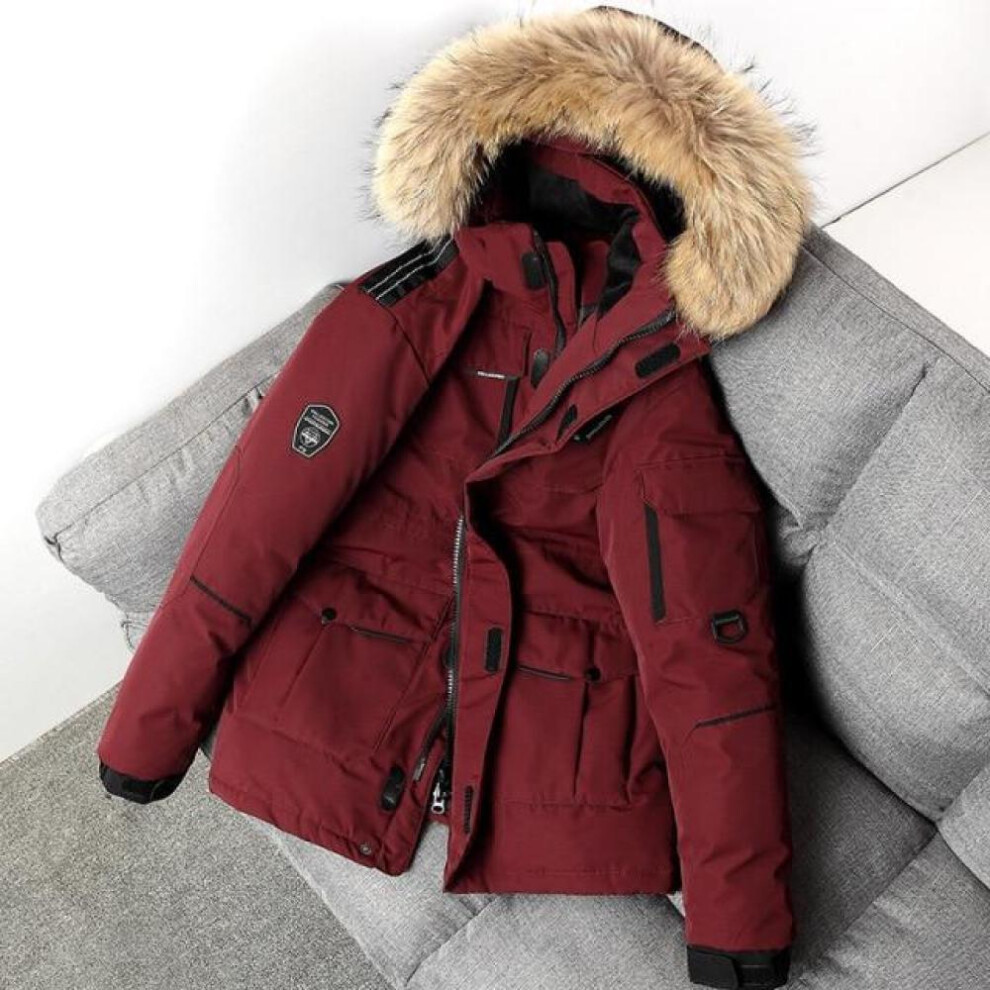 (red, XL) Winter Jacket Men Parkas Thicken Warm Coat Mens Fur Hooded Jacket Solid Color Parka Coat Male Outwear