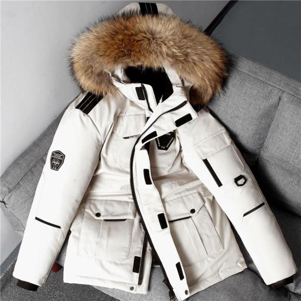 (white, XXL) Winter Jacket Men Parkas Thicken Warm Coat Mens Fur Hooded Jacket Solid Color Parka Coat Male Outwear