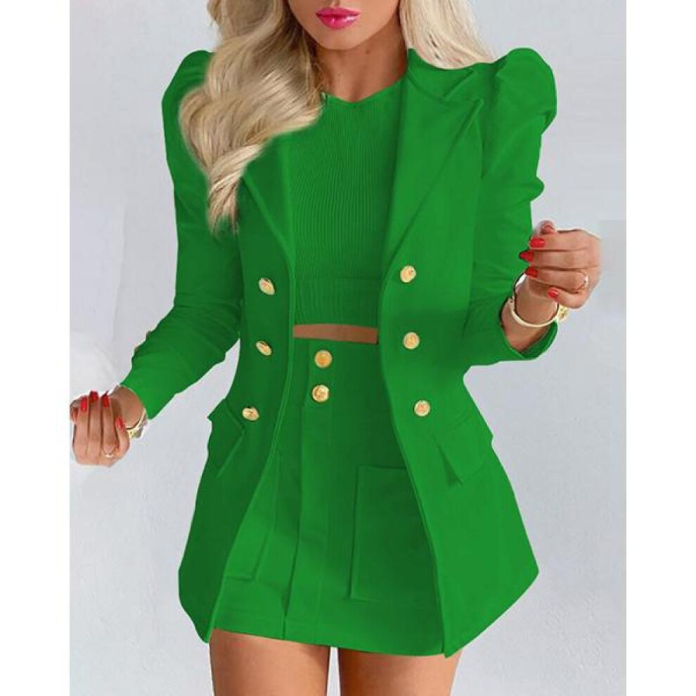 (dark green, S) Elegant Knit Plaid Blazer Cardigan + Slim Skirt Suits Outfits Women Fashion Office Two Piece Set Vintage Metal Button Lady Suits