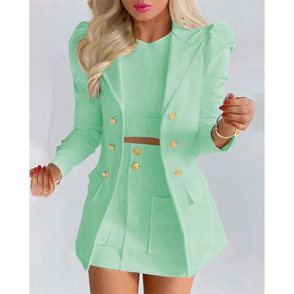 (light green, M) Elegant Knit Plaid Blazer Cardigan + Slim Skirt Suits Outfits Women Fashion Office Two Piece Set Vintage Metal Button Lady Suits