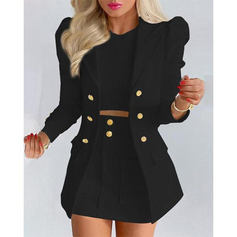 (black, M) Elegant Knit Plaid Blazer Cardigan + Slim Skirt Suits Outfits Women Fashion Office Two Piece Set Vintage Metal Button Lady Suits