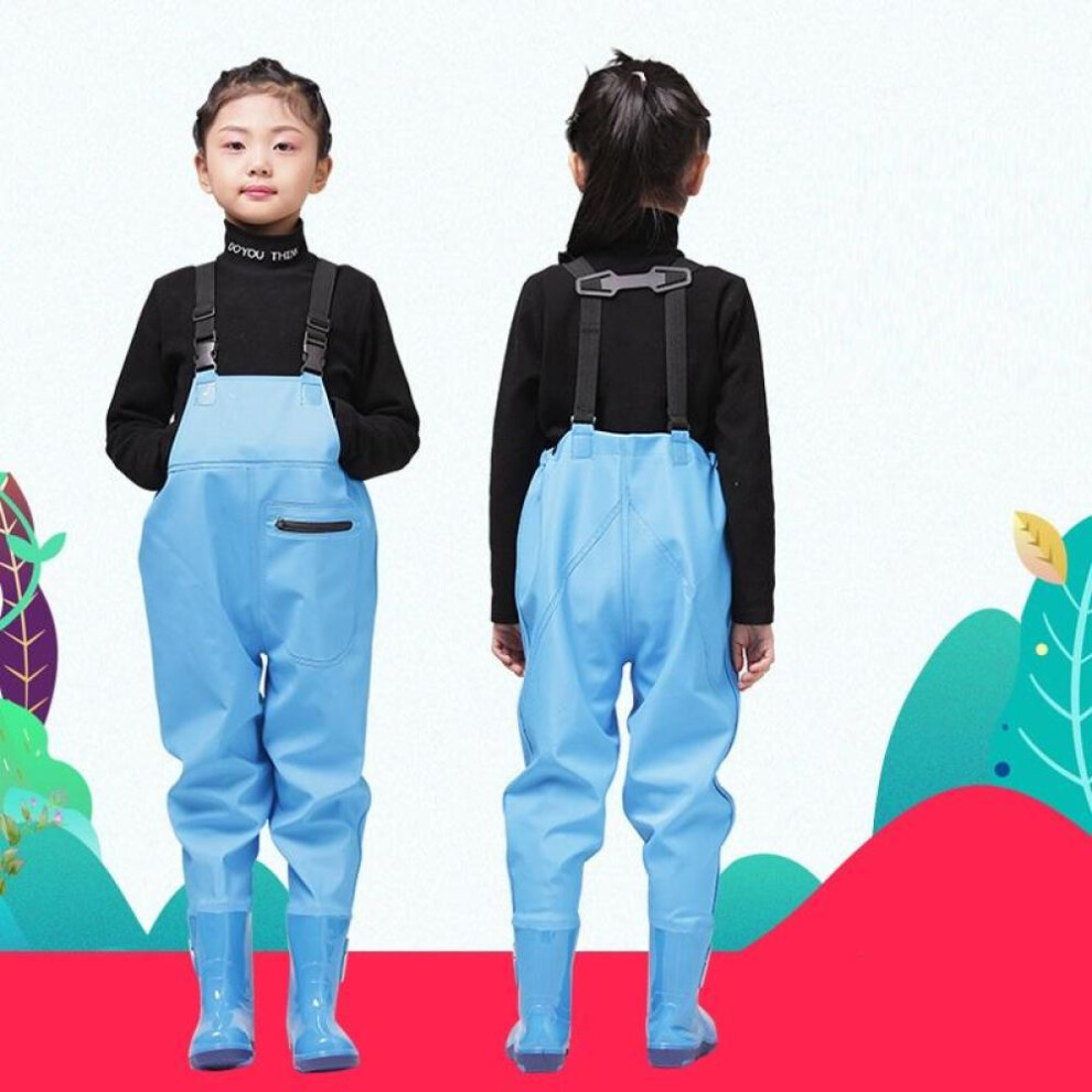 (blue, 28) Kids Outdoor Activities Fishing Bras With Boots Boys Girls Pvc Rain Pants Waterproof Boot Legs