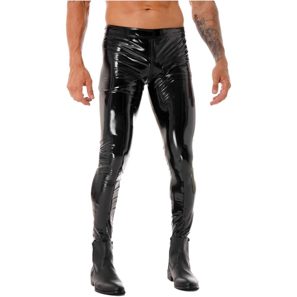 (black, M) Mens Glossy Zipper Crotch Trousers Wet Look Patent Leather Skinny Pants Clubwear Leggings