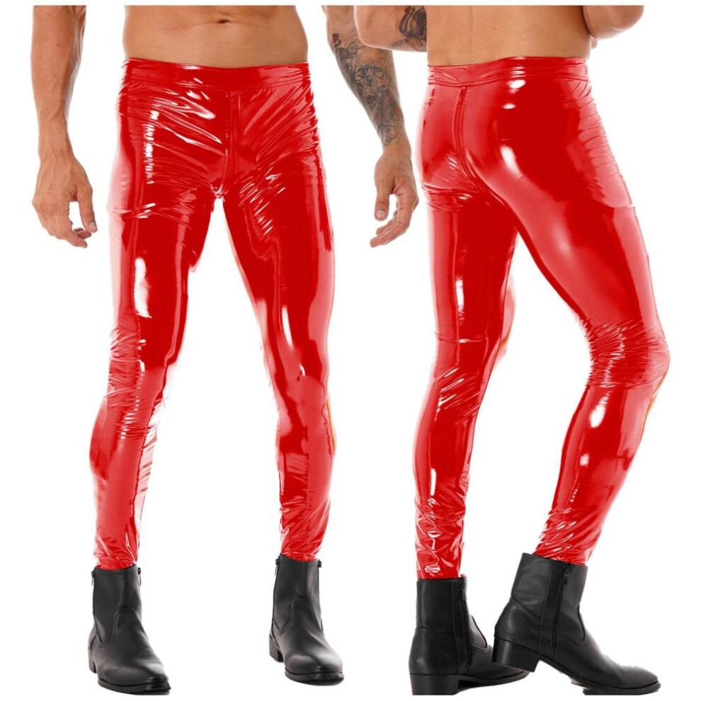 (red, 4XL) Mens Glossy Zipper Crotch Trousers Wet Look Patent Leather Skinny Pants Clubwear Leggings