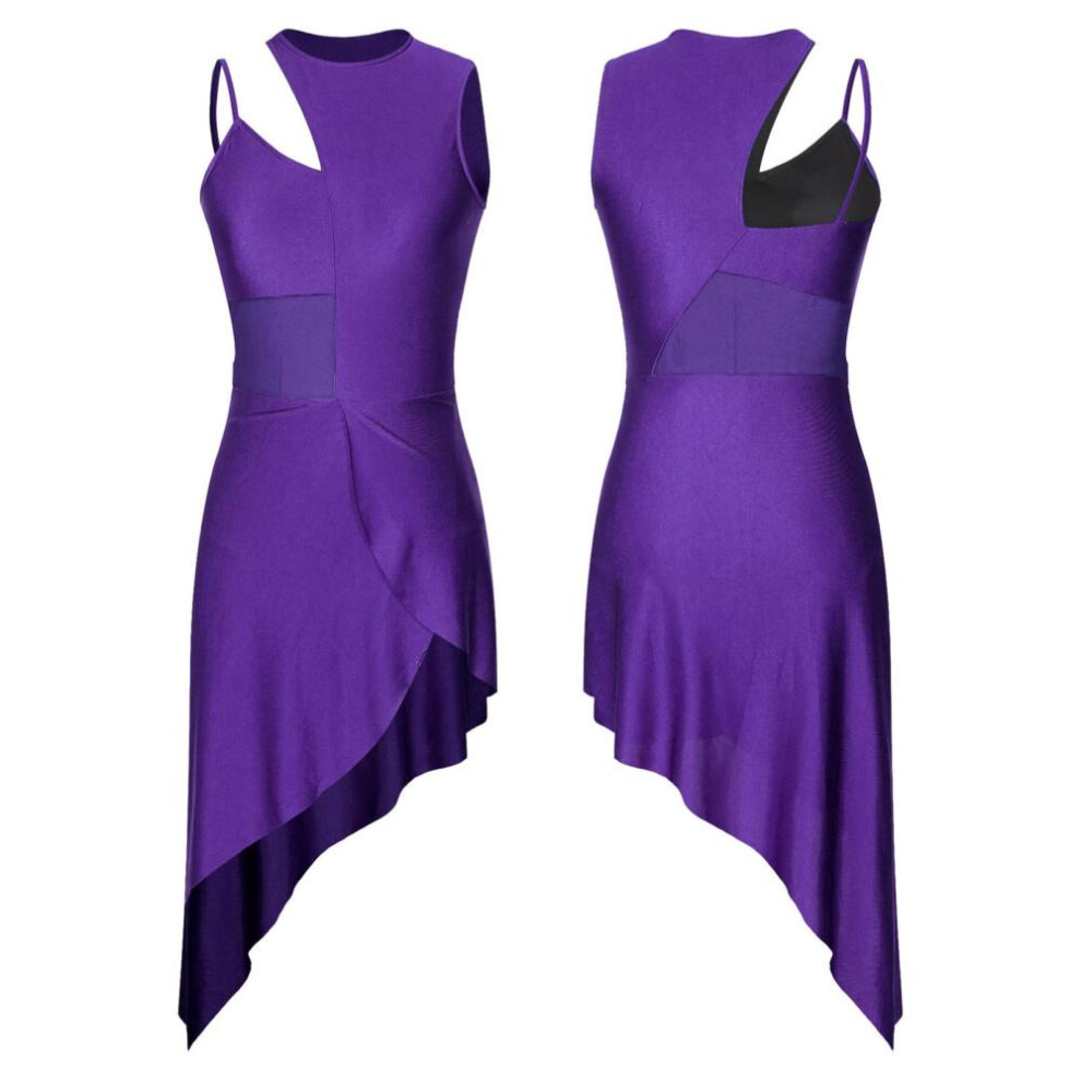 (purple, XXL) Womens Performance Dance Clothes Mesh Splice Patchwork High Low Lyrical Stage Samba Dancing Dress