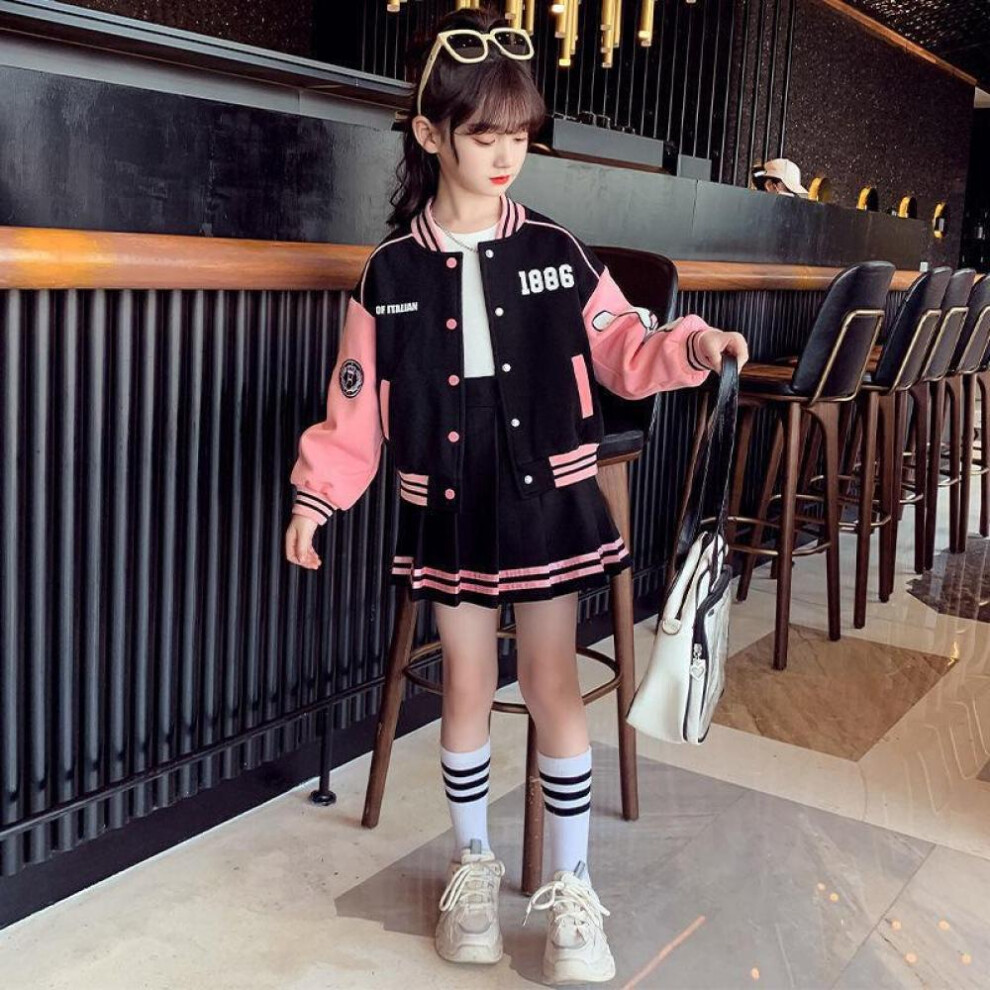 (pink, 130) Teen Girls Autumn Suit Baseball Uniform Spring Fashion Letter Print Patchwork Jacket Coat + Pleated Skirt 2pcs Jk Outfits 4-14 Y