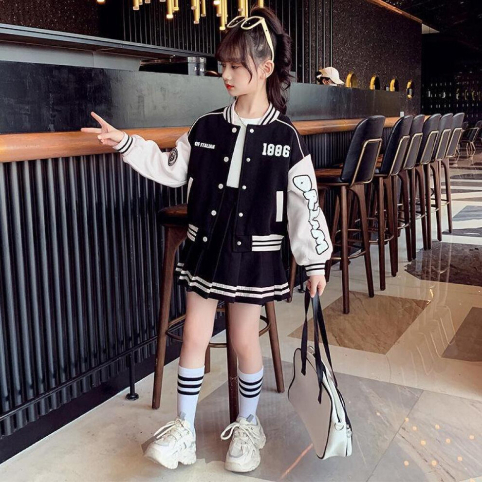 (white, 160) Teen Girls Autumn Suit Baseball Uniform Spring Fashion Letter Print Patchwork Jacket Coat + Pleated Skirt 2pcs Jk Outfits 4-14 Y