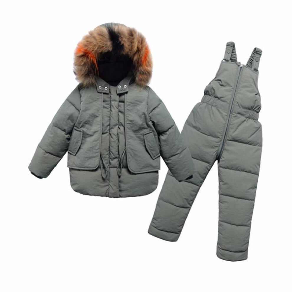 (green, 130) 2pcs Children&apos;s Clothes Sets  Girls And Boys Winter Fur Hooded Jacket + Romper Overalls Suit For Baby Kids Warm Clothing