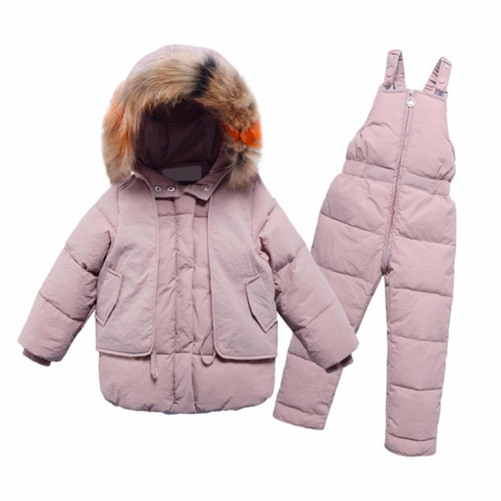 (pink, 120) 2pcs Children&apos;s Clothes Sets  Girls And Boys Winter Fur Hooded Jacket + Romper Overalls Suit For Baby Kids Warm Clothing
