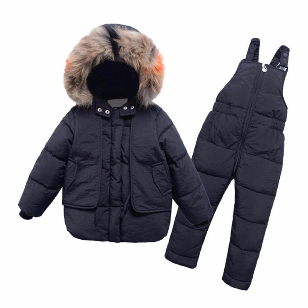 (black, 90) 2pcs Children&apos;s Clothes Sets  Girls And Boys Winter Fur Hooded Jacket + Romper Overalls Suit For Baby Kids Warm Clothing