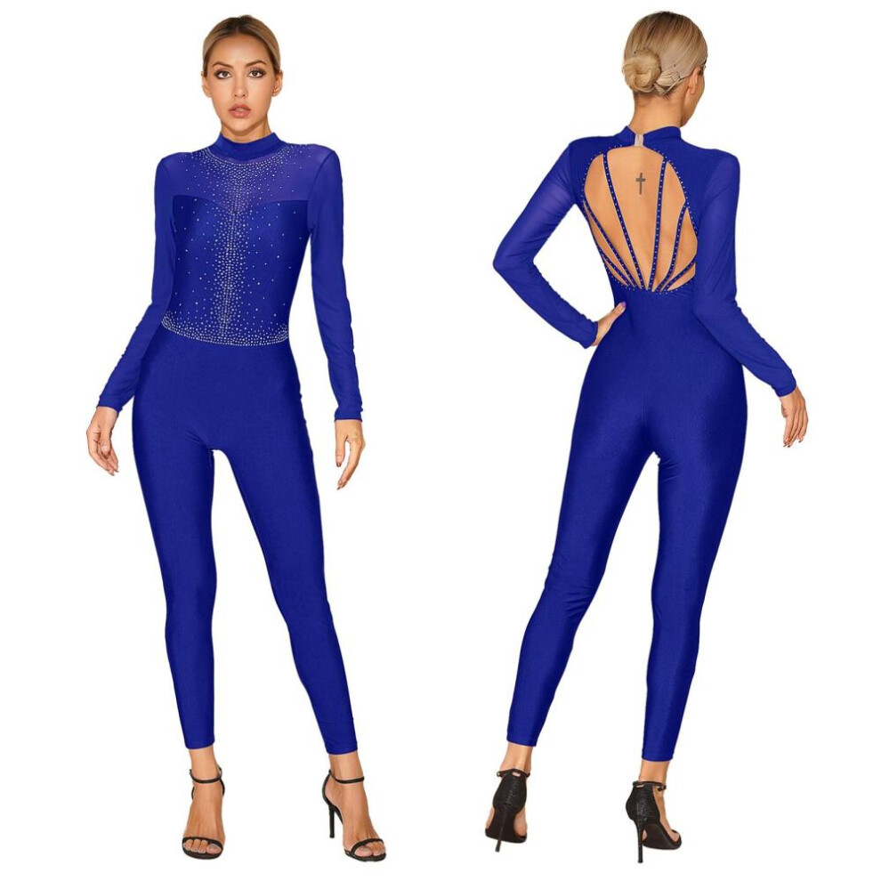 (royal blue, XXL) Gymnastics Leotards For Women Dance Unitard Long Sleeve Glittery Figure Ice Skating Jumpsuit Stage Costume