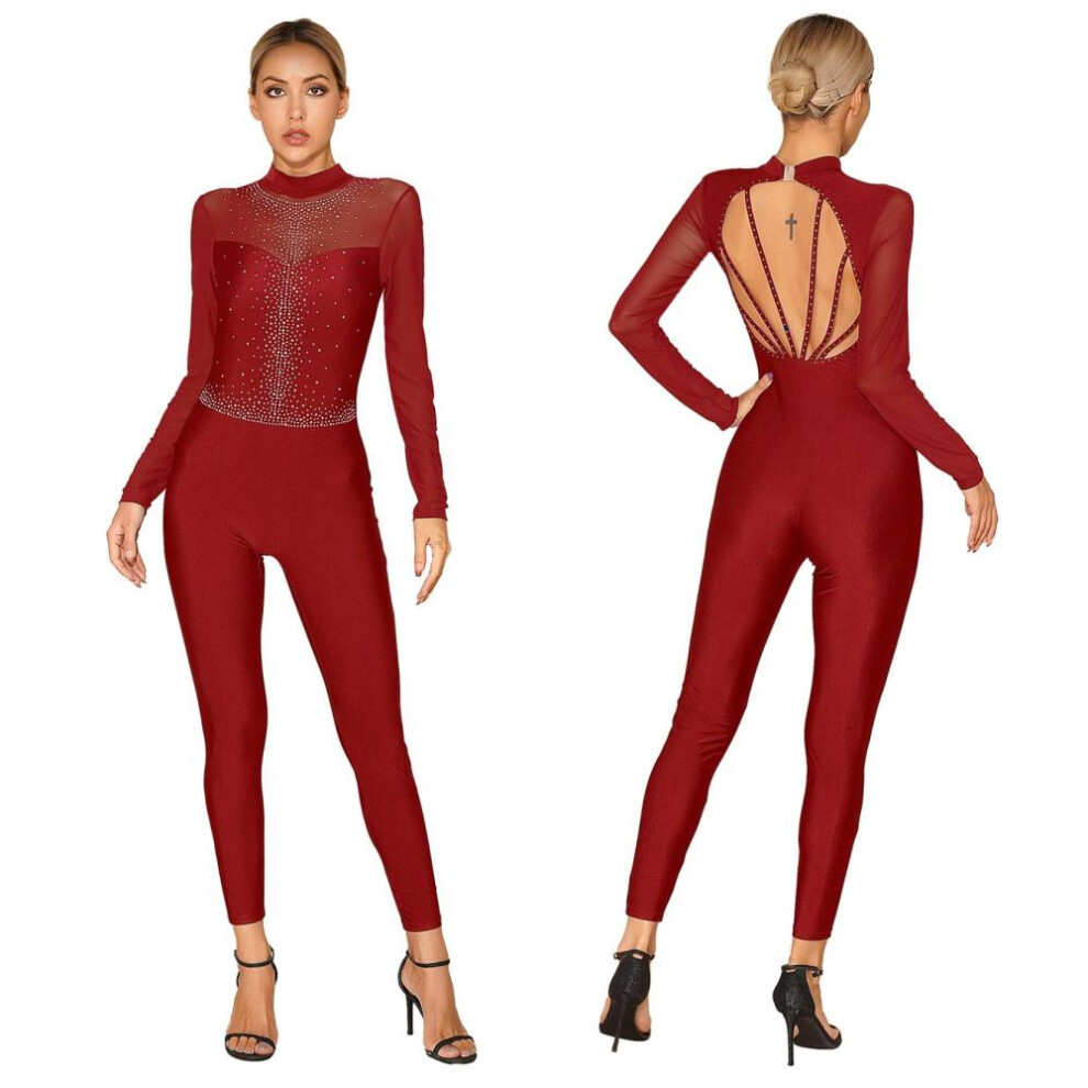 (burgundy, S) Gymnastics Leotards For Women Dance Unitard Long Sleeve Glittery Figure Ice Skating Jumpsuit Stage Costume