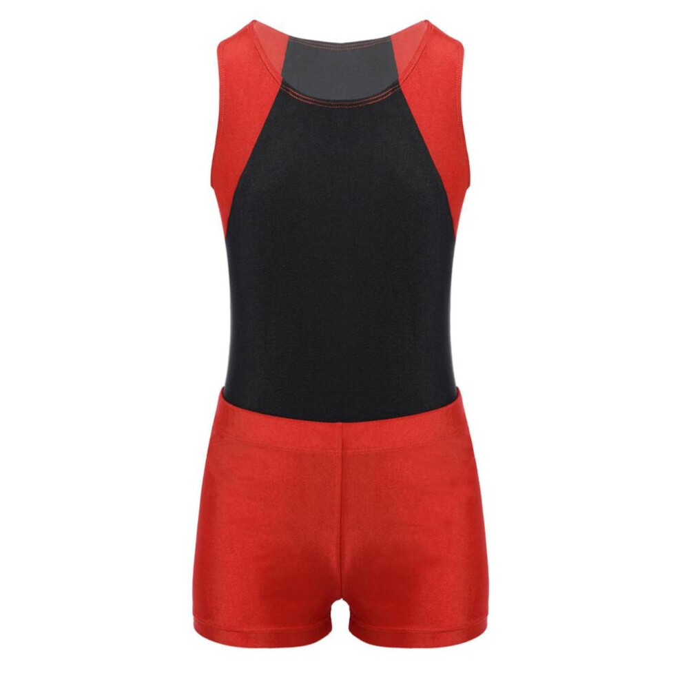 (red, 9-10 Years) Kids Boys Round Neck Sleeveless Leotard Bodysuit Jumpsuit With Shorts Set For Gymnastic Yoga Workout Competition