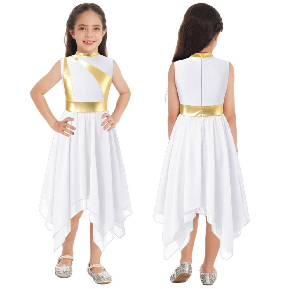(white, 7-8 Years) Kids Girls Praise Dancing Dress Metallic Patchwork Sleeveless Asymmetrical Hem Dress Modern Lyrical Dance Costume