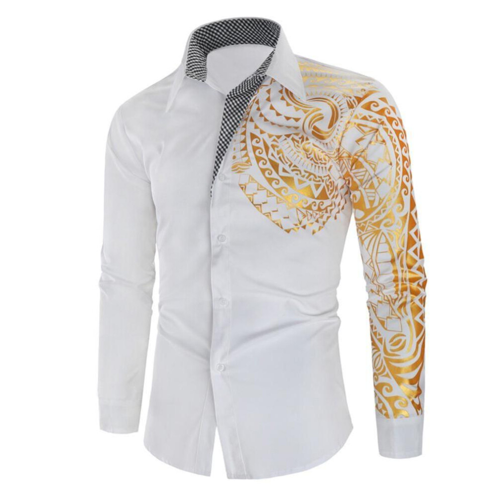 (white, M) Stylish Men Hot Stamping Totem Print Turn Down Collar Buttons Slim Fit Shirt Top