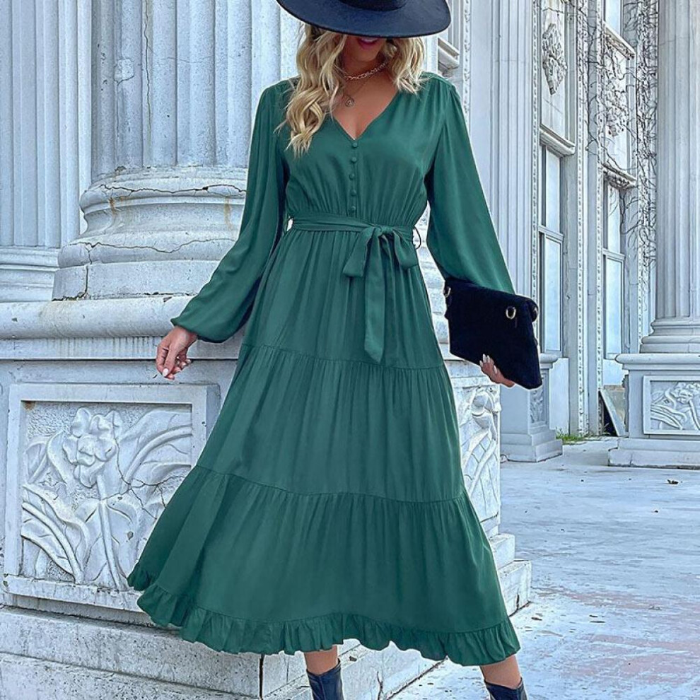 (as the picture, M) Yyfs Women&apos;s Fashion Summer Spring Solid Color Print Long Sleeve V-neck Casual Dresses