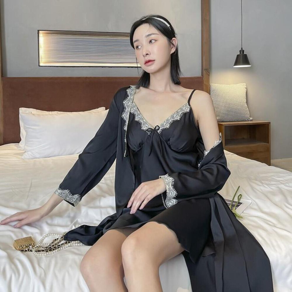 (black, Women-M) Fashion Women Men Satin Nightgown Top And Pants 2pcs Soft Silk Casual Pajama Sets Couple Sleepwear