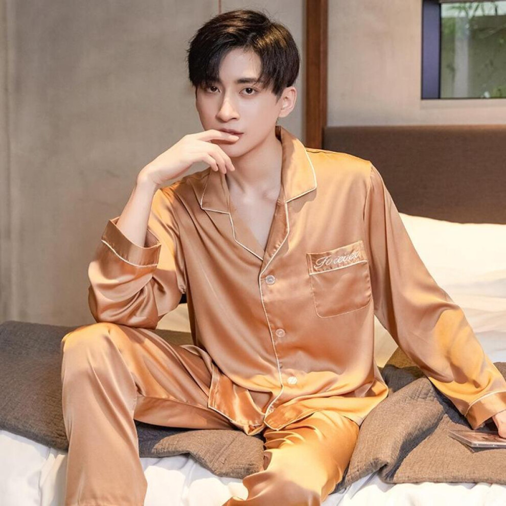 (yellow, Men-L) Fashion Women Men Satin Nightgown Top And Pants 2pcs Soft Silk Casual Pajama Sets Couple Sleepwear