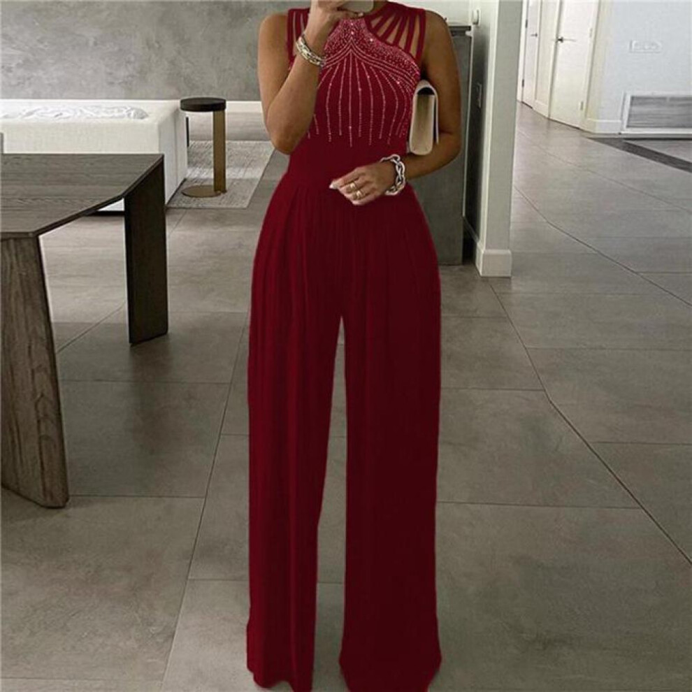 (red, L) Sexy Slim Sleeveless Plus Size Loose Hollow Pleated Wide-leg Jumpsuit