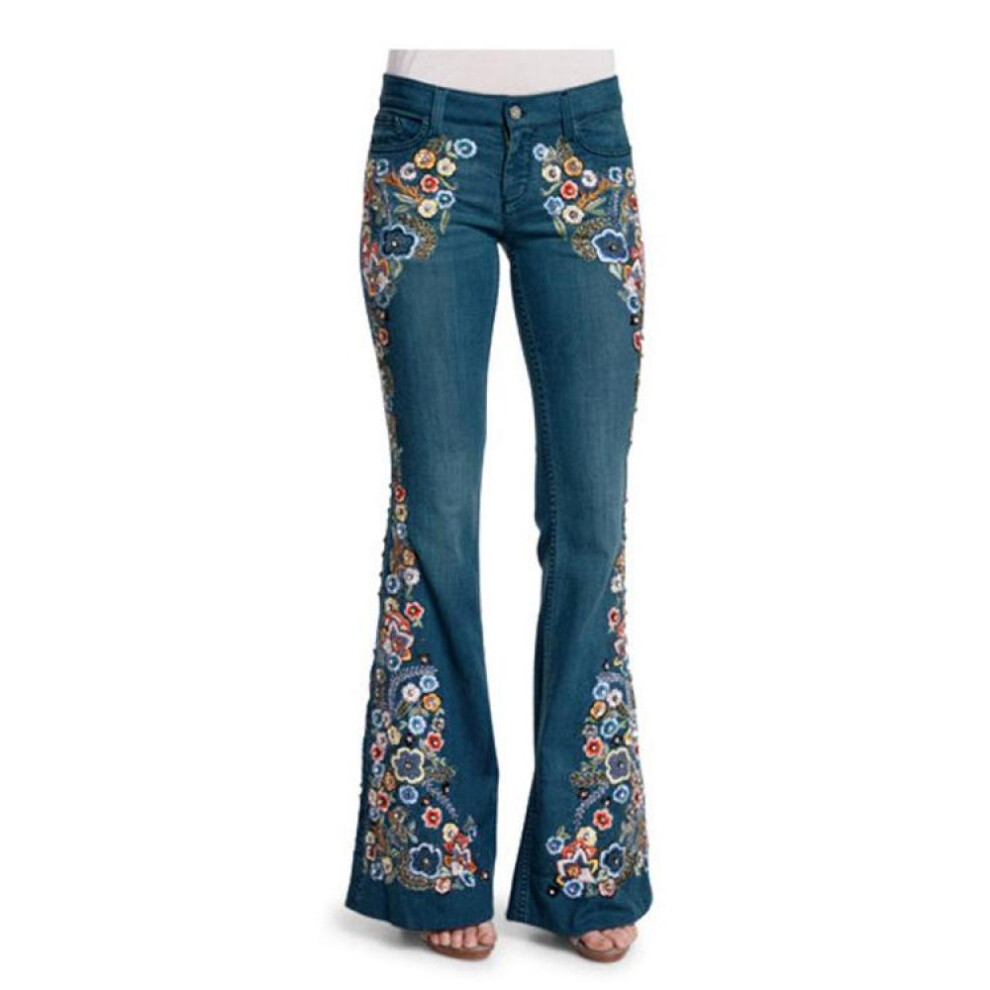 (light blue, XXXXL) European And American Women&apos;s Jeans Embroidered Slim-fit Washed Flared Jeans