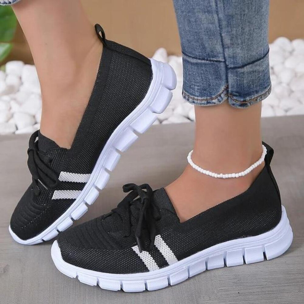 (black, 35) Mesh Knitted Striped Flats Shoes For Women Summer Lace Up Casual Sneakers Woman Breathable Soft Sole Loafers Plus Size 43