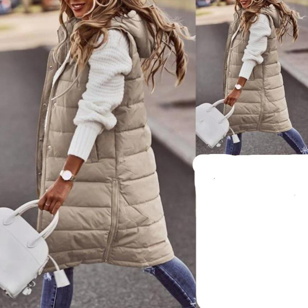 (beige, S) Order Two Size Up,sleeveless Winter Jacket Women Midi Coats Down Vest Keep Warm Elegant Black Hooded Street Hipster Lady Cotton Overcoat