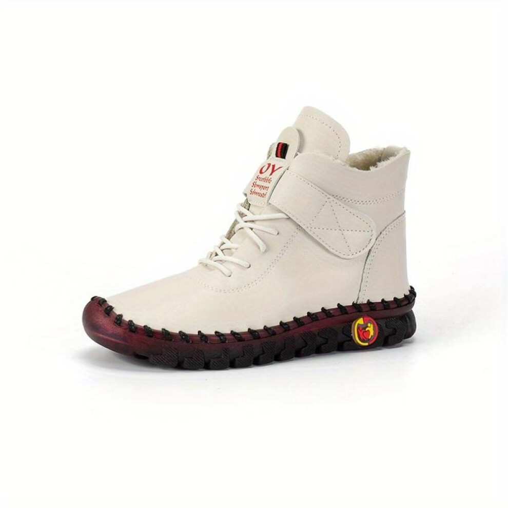 (white, 40) Autumn Winter Women&apos;s High Top Flat Sneakers Solid Color Lace Up Hook & Loop Ankle Boots Casual & Comfy Boots
