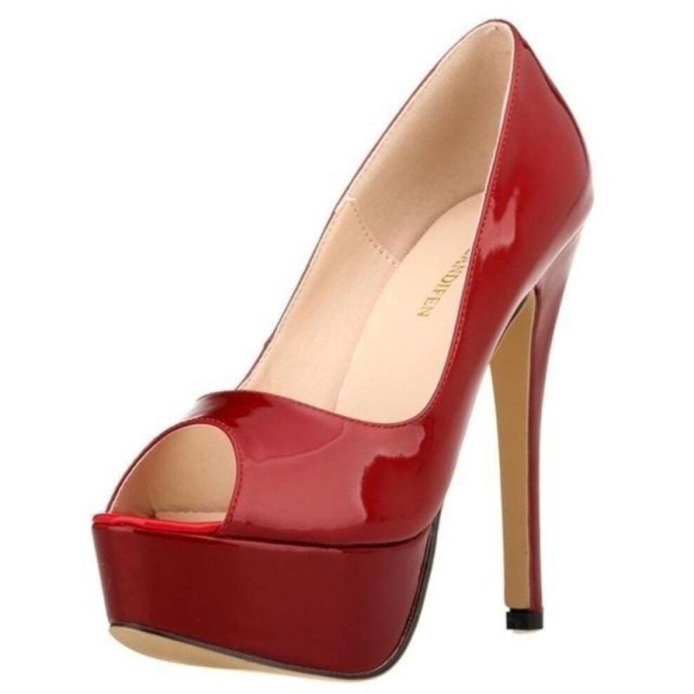 (wine red, 35) Loslandifen Sexy Peep Toe Platform Women Pumps 14cm Super High Patent Leather Heels Shoes Red Wedding Stilettos Large Size 43 44