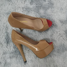 (deep,nude, 42) Loslandifen Sexy Peep Toe Platform Women Pumps 14cm Super High Patent Leather Heels Shoes Red Wedding Stilettos Large Size 43 44