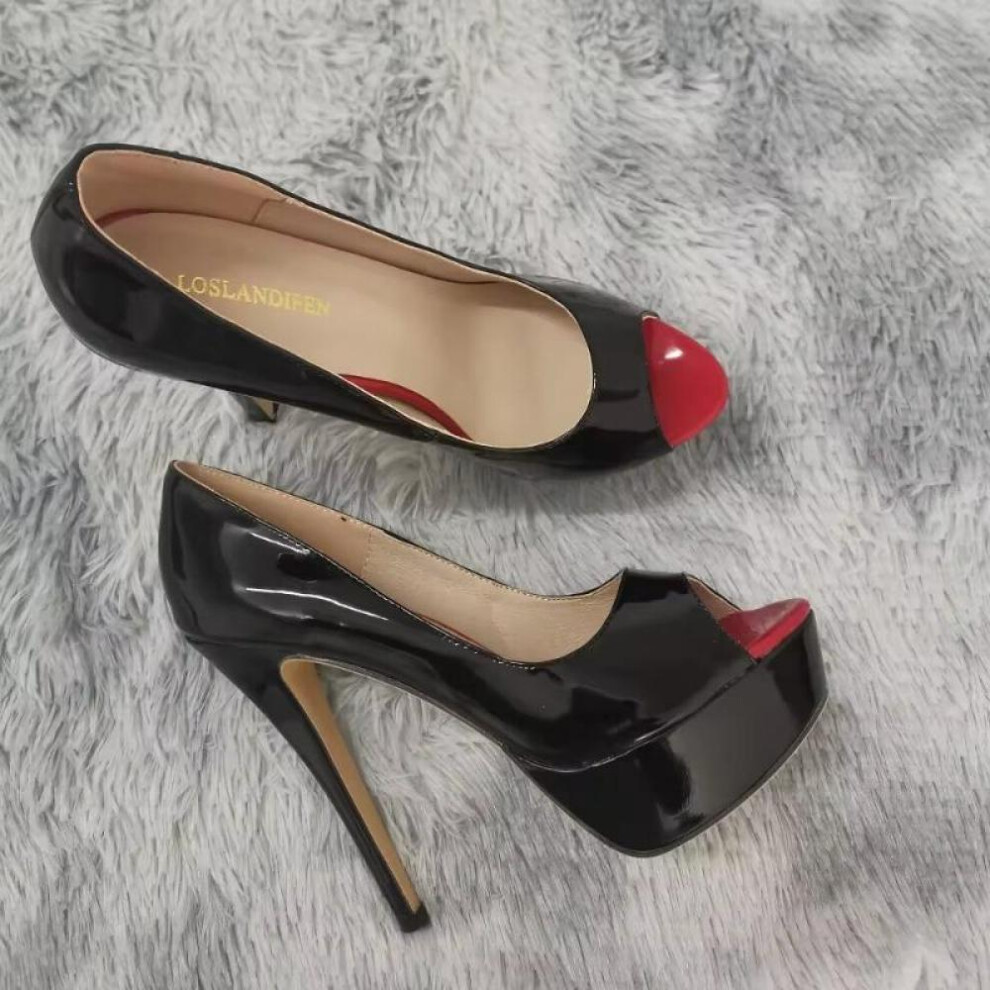 (black, 40) Loslandifen Sexy Peep Toe Platform Women Pumps 14cm Super High Patent Leather Heels Shoes Red Wedding Stilettos Large Size 43 44