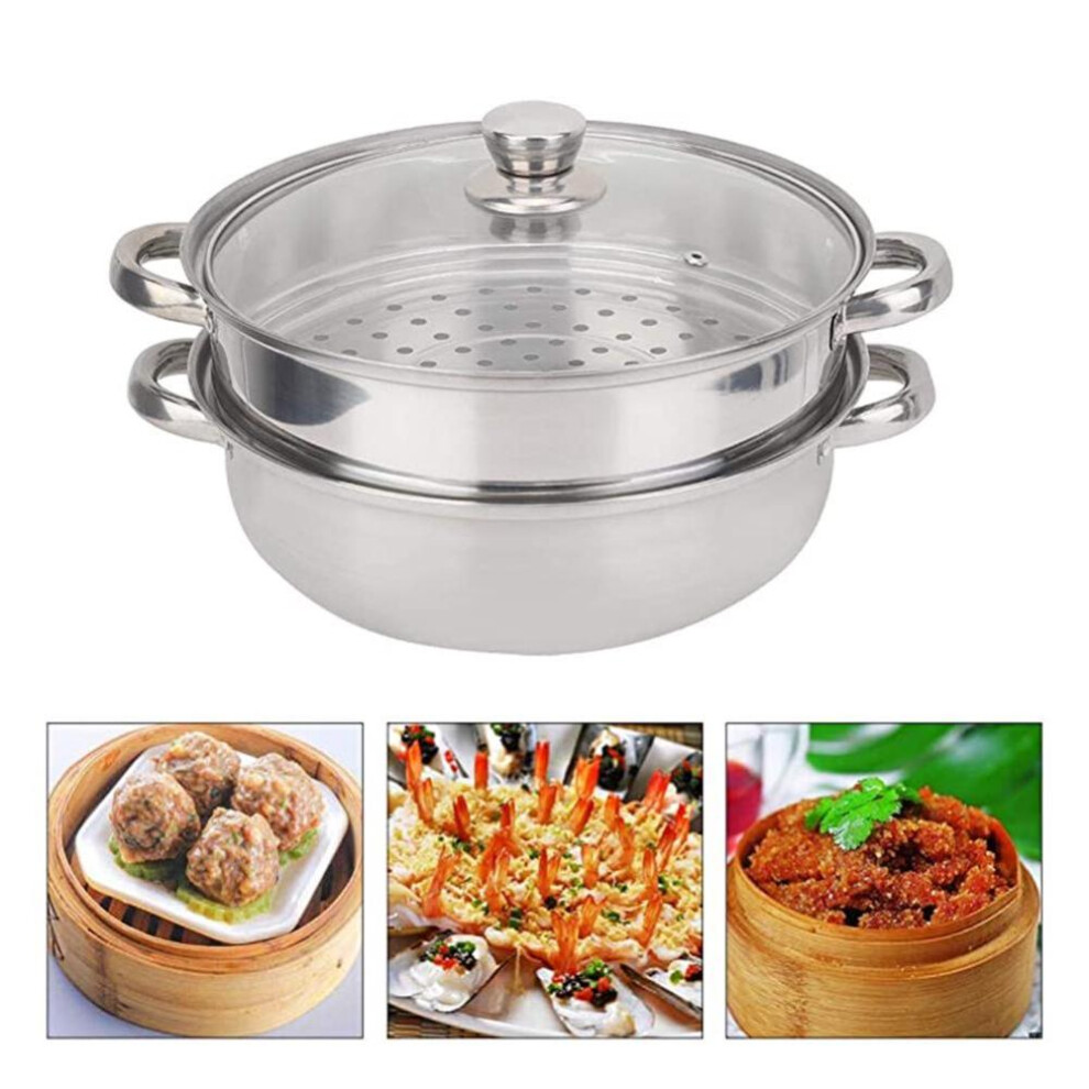 (28cm) 28cm 2-layer Steamer Stainless Steel Kitchen Boiling Soup Steaming Pot With Lid