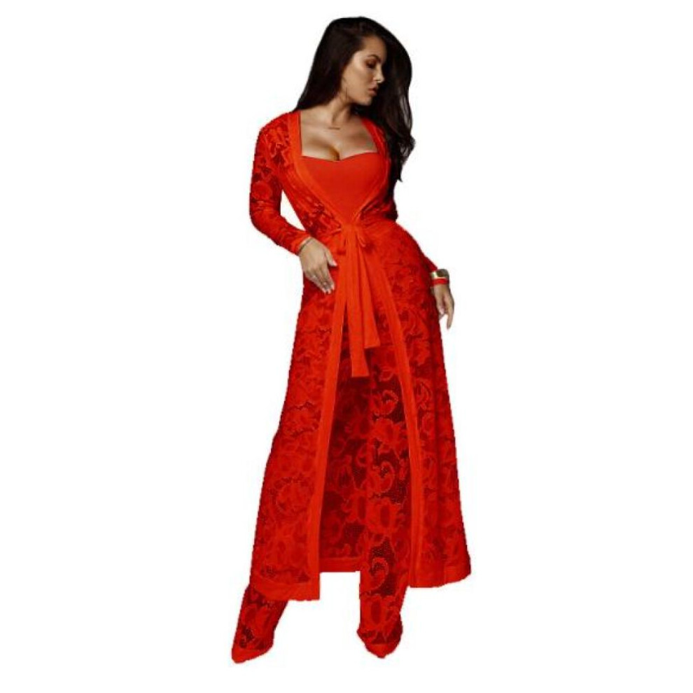 (red, M) Womens Fashion Elegant Lace Rompers Jumpsuit Sexy Ladies Casual Wide Leg Jumpsuit Three Piece Suit