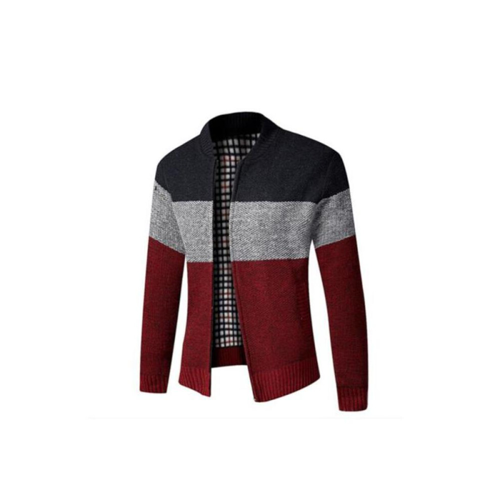 (wine red, 2XL) New Mens Winter Funnel Collar Zip Up Thick Fleece Lined Knitted Cardigan Jumper Top