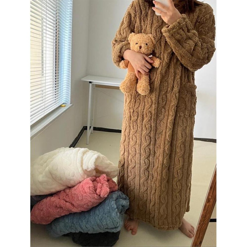 (coffee, L) Fashion Winter Women Nightgowns Jacquard Dress Night Dress Loose Solid Color Thickened Flannel Sleepwear Home Clothes