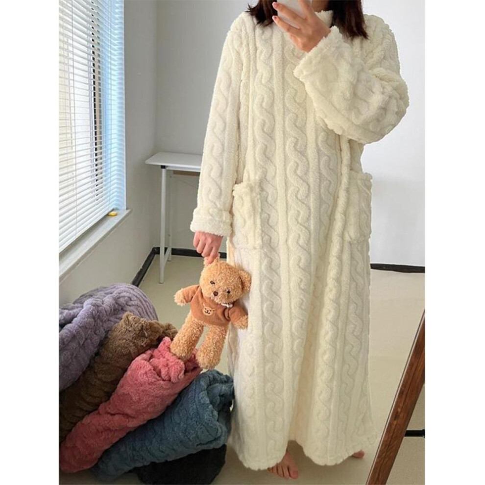 (white, L) Fashion Winter Women Nightgowns Jacquard Dress Night Dress Loose Solid Color Thickened Flannel Sleepwear Home Clothes