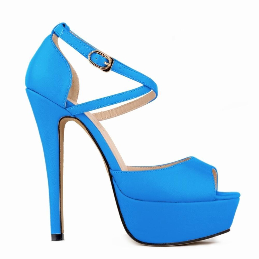 (blue, 36) Women Sandals Fashion Platform Peep Toe Matte Leather Buckle Sandal Party Dress Red Wedding Shoes