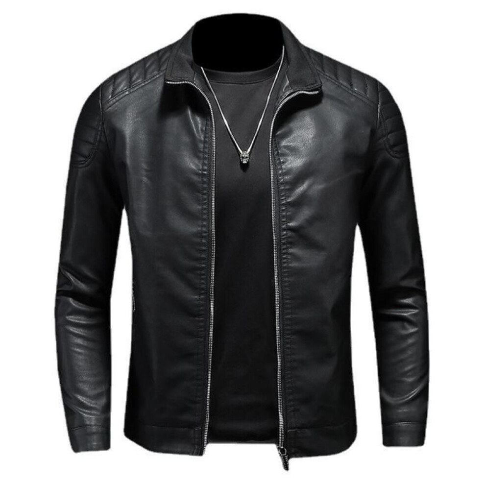 (black, L) Spring New Men's Leather Jacket With Stand Collar