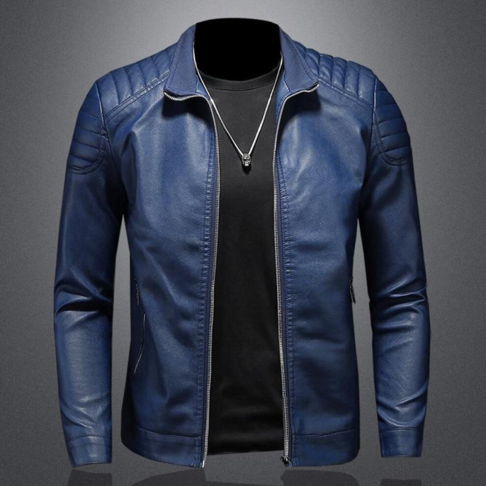 (blue, XXXXL) Spring New Men's Leather Jacket With Stand Collar