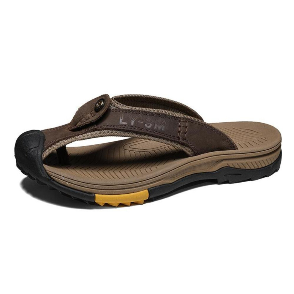 (dark brown, 44) Genuine Cow Leather Shoes Men Sandals Mens Flip Flops Men&apos;s Casual Shoes Classic Massage Beach Slippers Anti-slip Summer