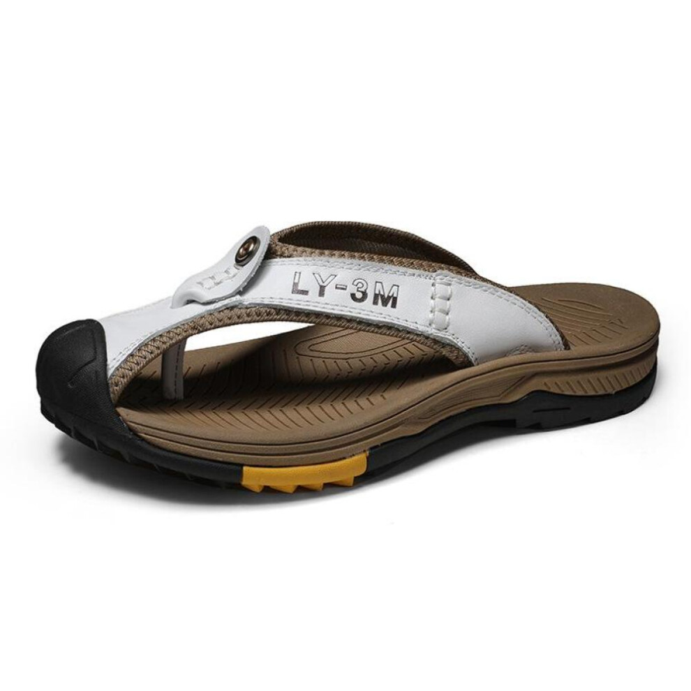 (white, 39) Genuine Cow Leather Shoes Men Sandals Mens Flip Flops Men&apos;s Casual Shoes Classic Massage Beach Slippers Anti-slip Summer