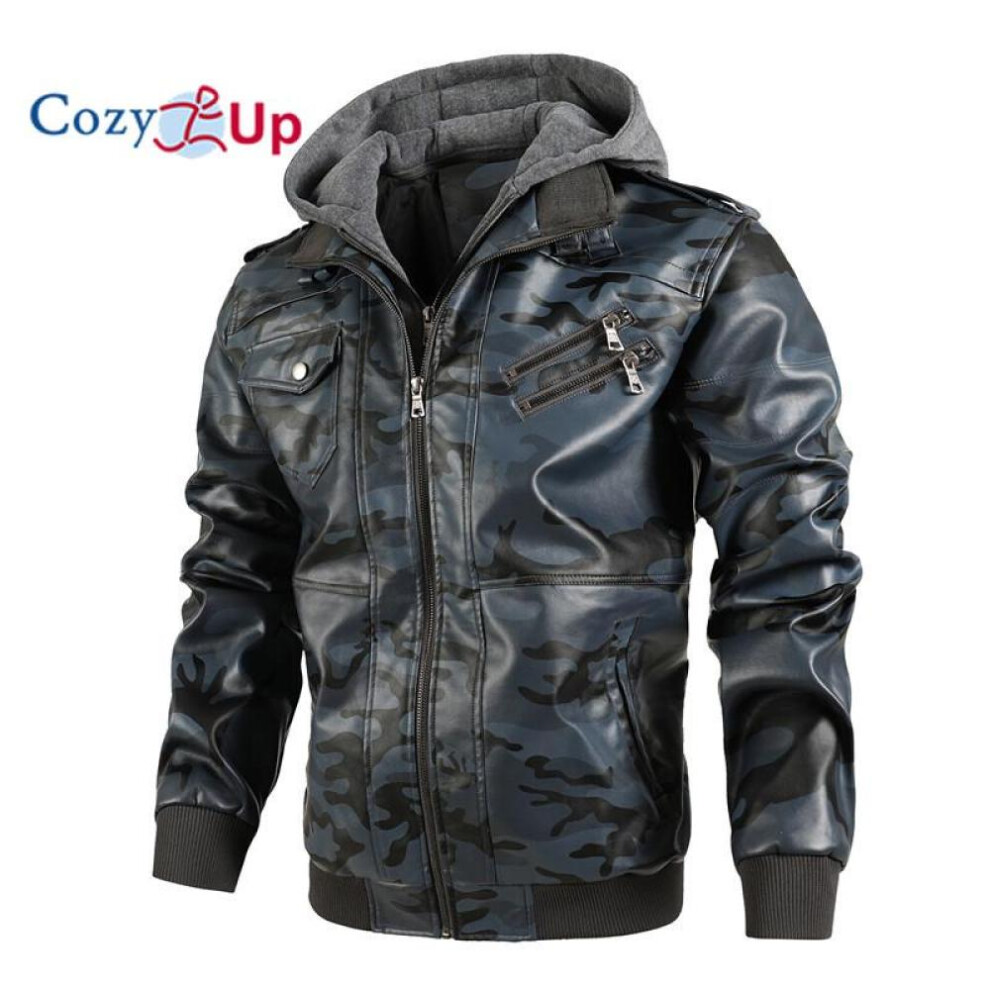 (blue, M) Cozy Up Men's Casual Stand Collar Pu Faux Leather Zip-up Motorcycle Bomber Jacket With A Removable Hood